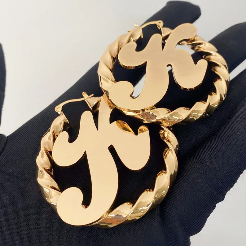 Gold Plated Initial Letter Earrings Personalized Twist Hoop Earrings