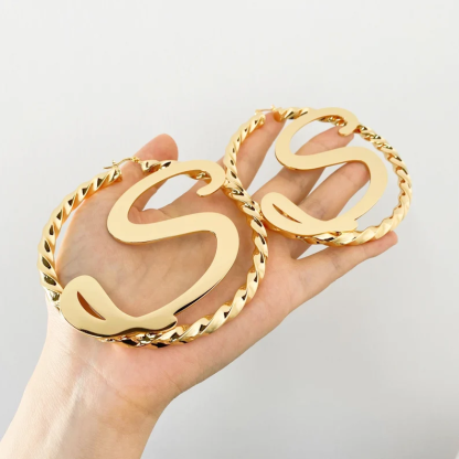 Gold Plated Big Initial Twist Hoop Earrings Personalized Earrings