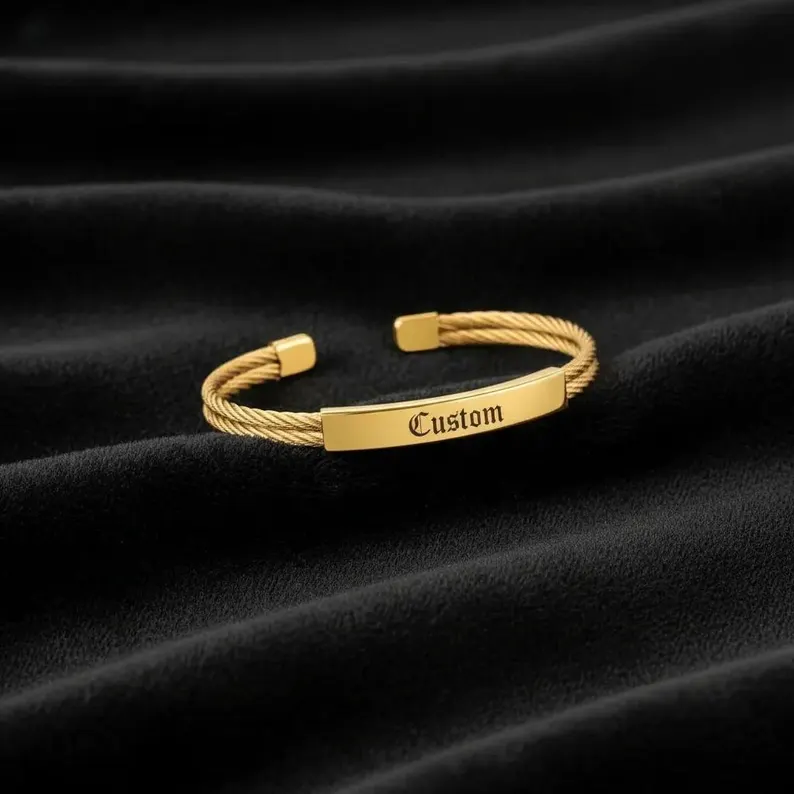 Personalized Cable Bracelet Engraved Minimalist Cuff Name Bracelet