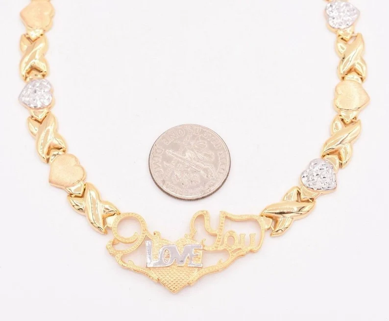 I Love You Kisses & Hearts Necklace Two Tone XOXO Chain Necklace