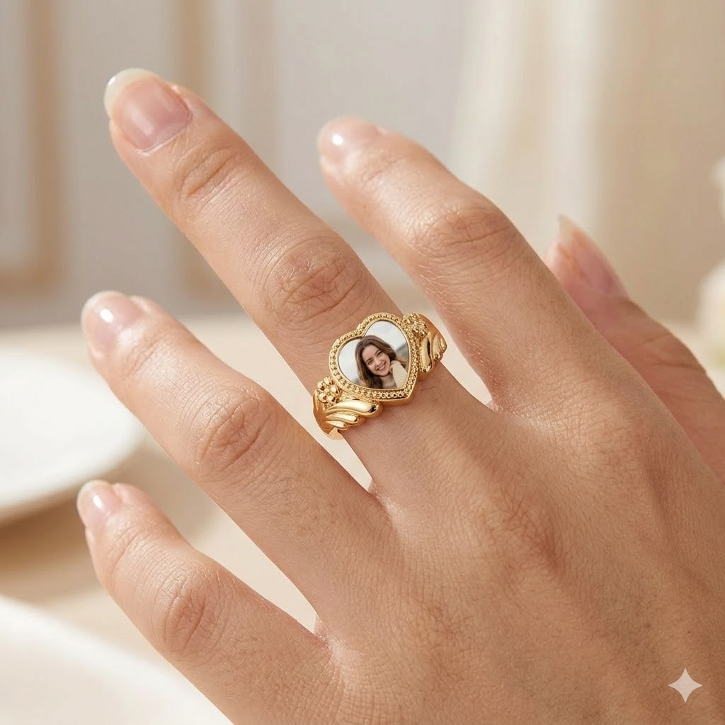 Gold Plated Personalized Love Heart Photo Ring Engraved Custom Ring