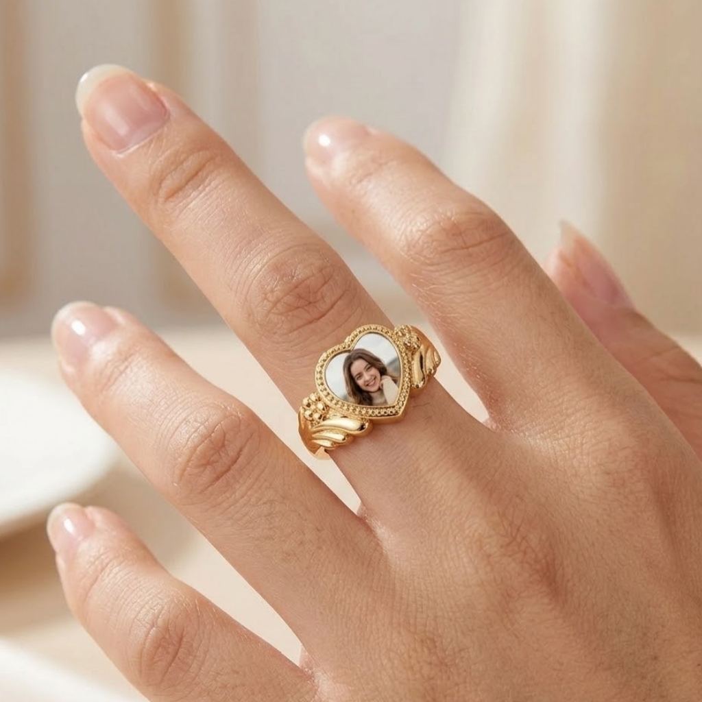 Gold Plated Personalized Love Heart Photo Ring Engraved Custom Ring