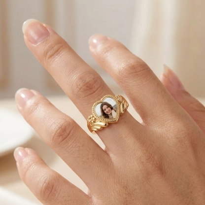 Gold Plated Personalized Love Heart Photo Ring Engraved Custom Ring
