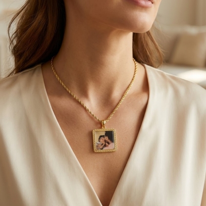 Gold Plated Square Photo Pendant Necklace Diamond Cut Nugget Necklace