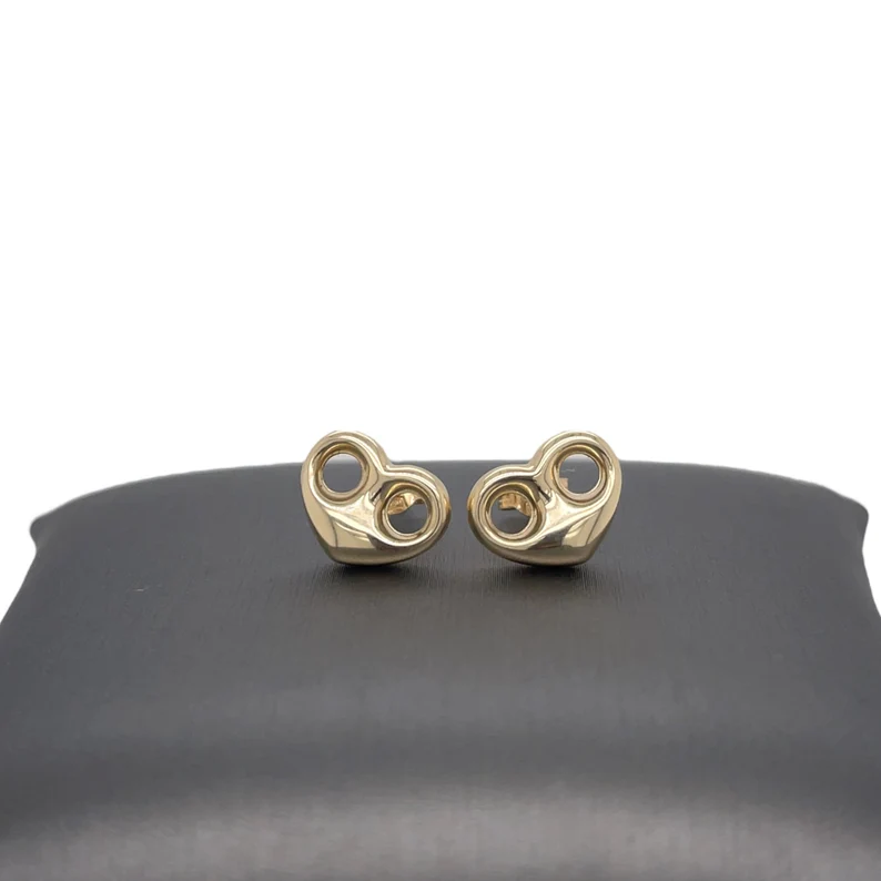 Gold Plated Puffed Heart Mariner Link Stud Earrings