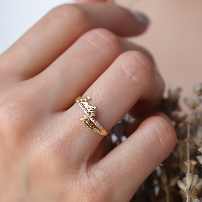 Custom Gold Plated 2 Names Ring Personalized Diamond Name Ring
