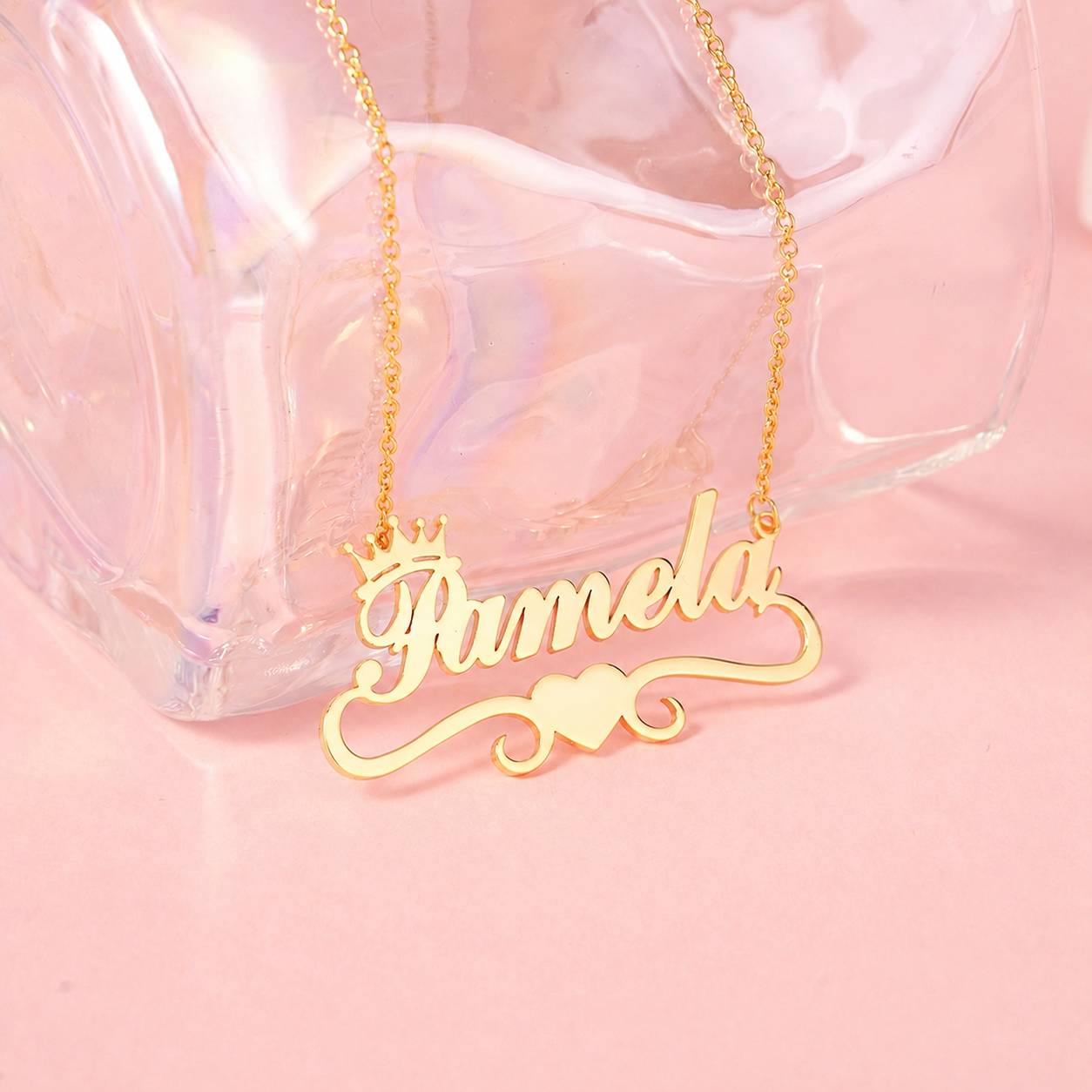 Crown Name Necklace with Heart Gold Plated Custom Name Necklace