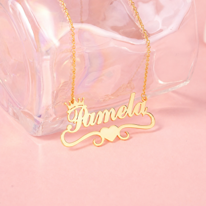 Crown Name Necklace with Heart Gold Plated Custom Name Necklace
