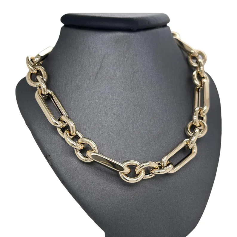 14k Gold Plated Italian Mixed Trombone Chunky Link Chain Necklace