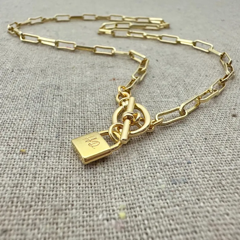 Chunky Personalized Engraved Initial  Padlock Pendant Necklace Custom Name Necklace