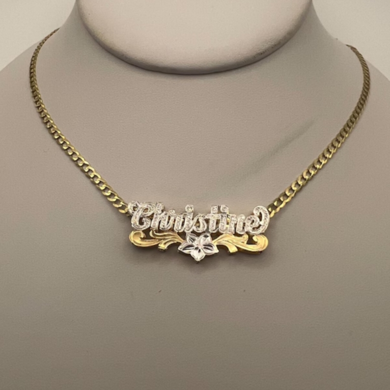 Two Tone Flower Name Necklace Gold Plated Custom Double Plated Name Necklace
