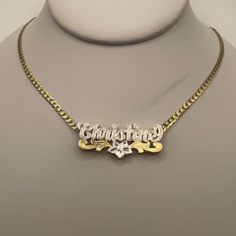 Two Tone Flower Name Necklace Gold Plated Custom Double Plated Name Necklace