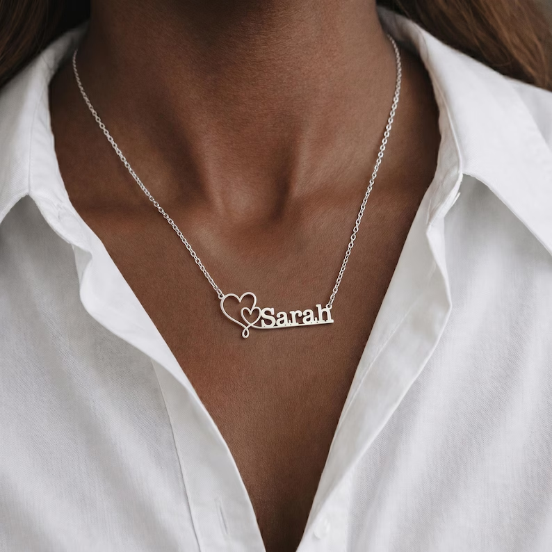 Double Heart Name Necklace Gold Plated Custom Name Necklace