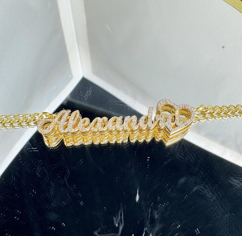 Shiny Bling Double Plate Heart Name Necklace Custom Name Necklace