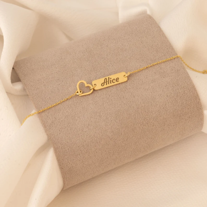 Gold Plated Bar Name Bracelet with Heart