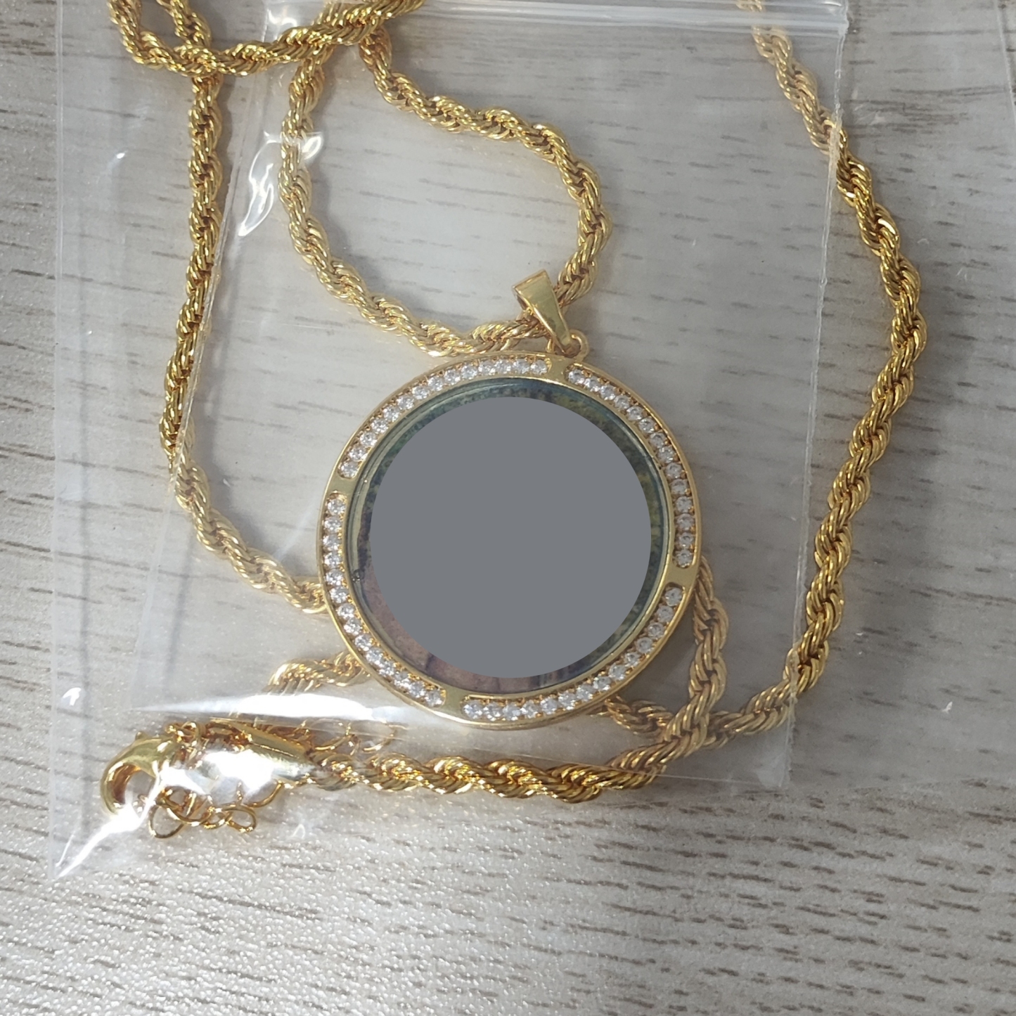 Circular Custom CZ Photo Pendant Necklace with Rope Chain