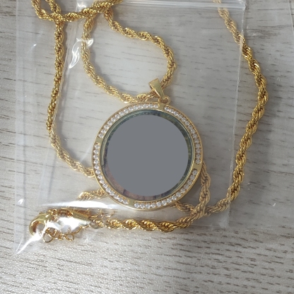 Circular Custom CZ Photo Pendant Necklace with Rope Chain