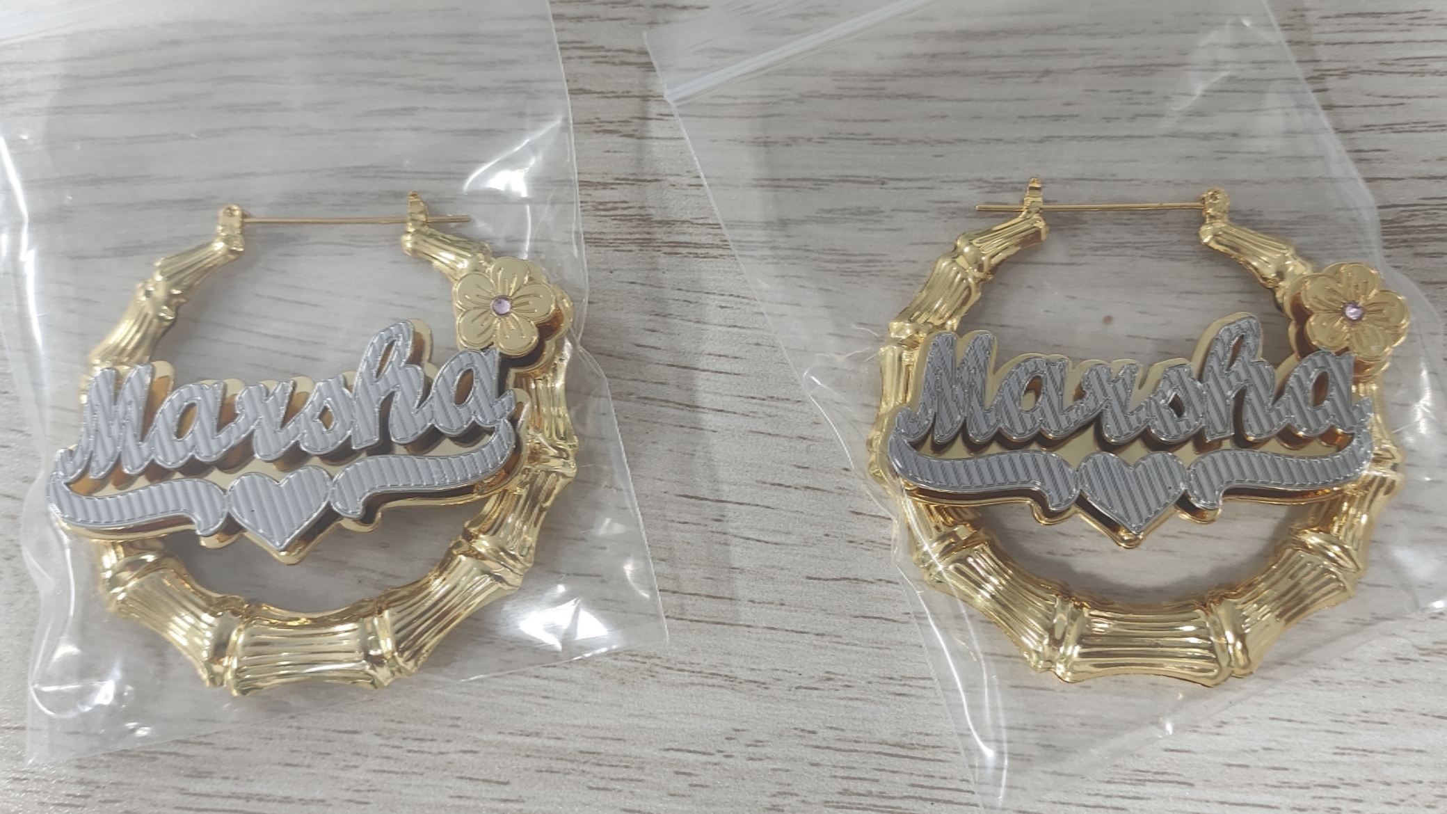 Flower Birthstone Two Tone Name Earrings Custom Bamboo Earrings