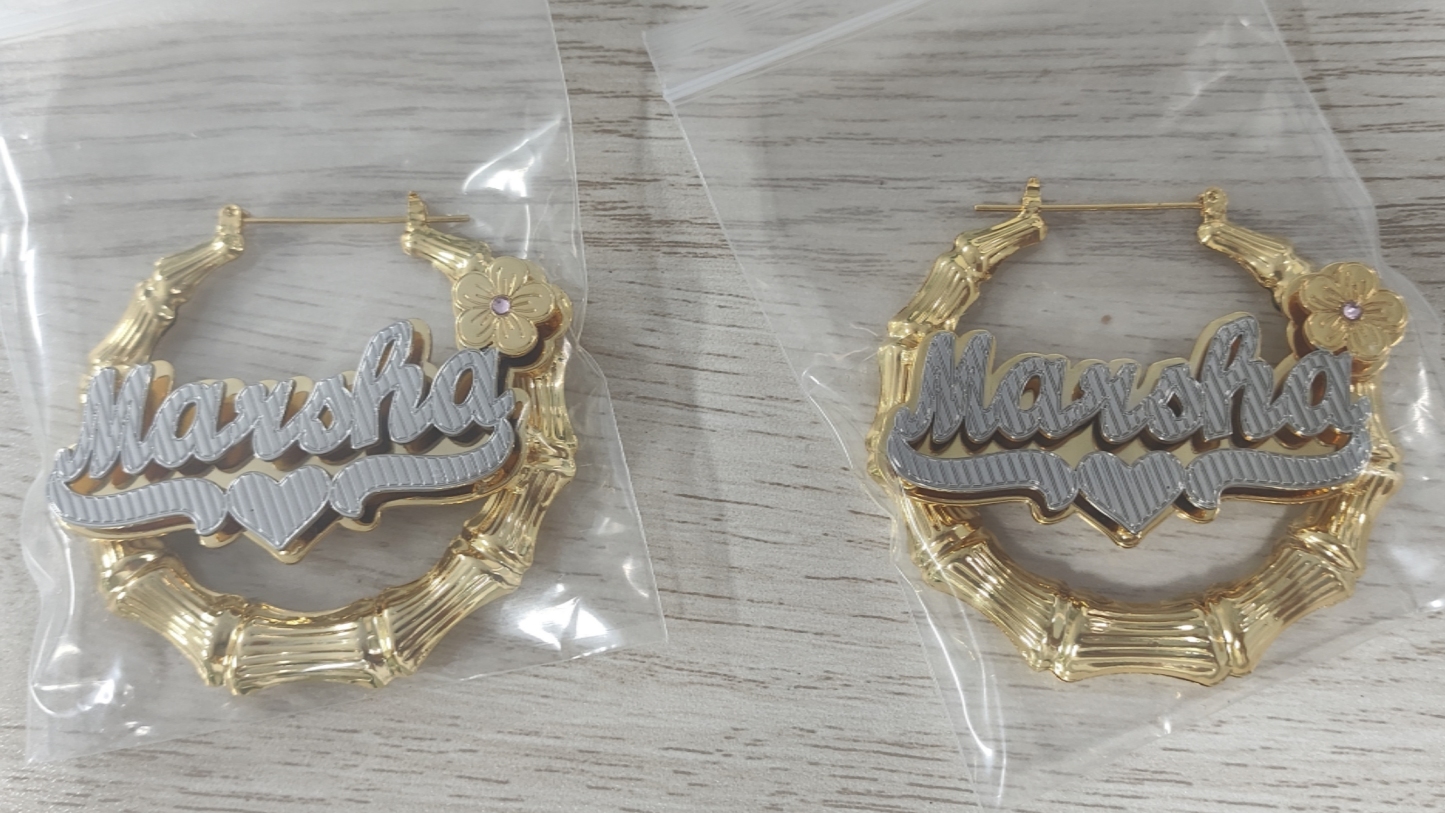 Flower Birthstone Two Tone Name Earrings Custom Bamboo Earrings