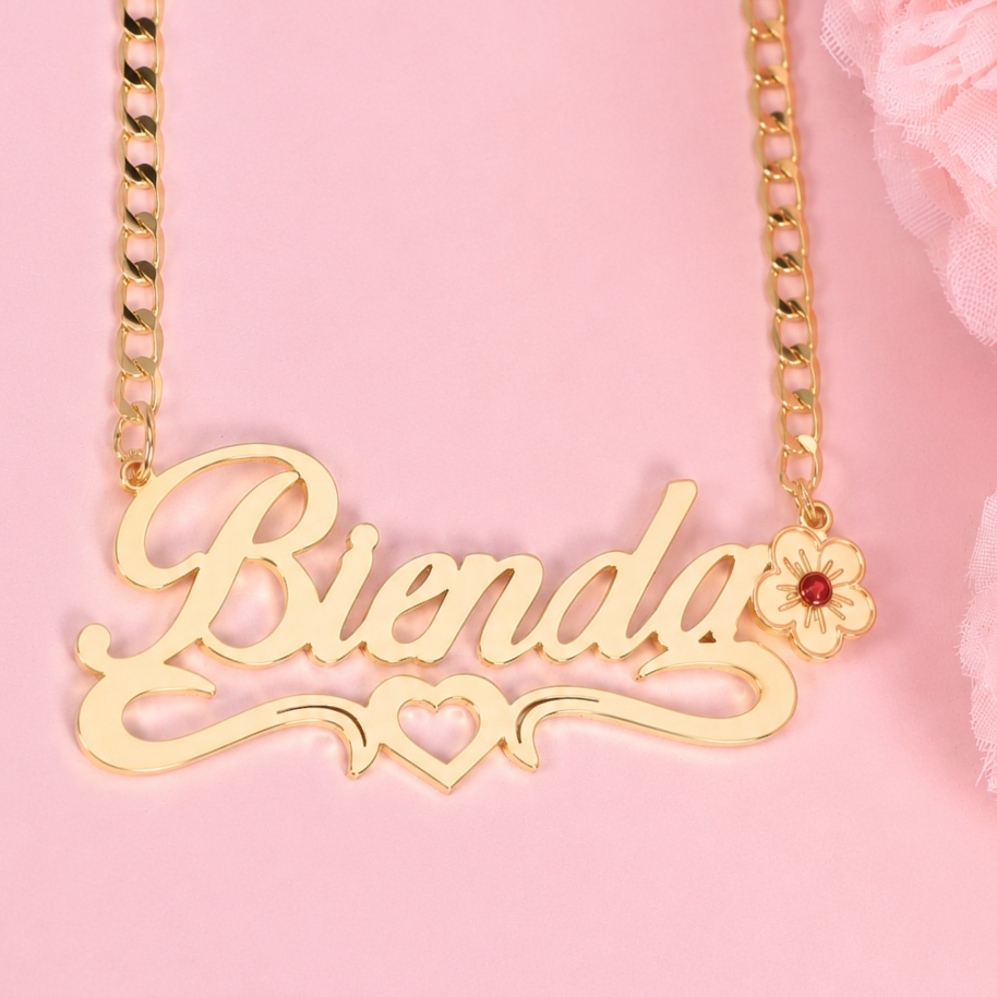 Birthstone Name Necklace with Flower Gold Plated Personalized Heart Name Necklace