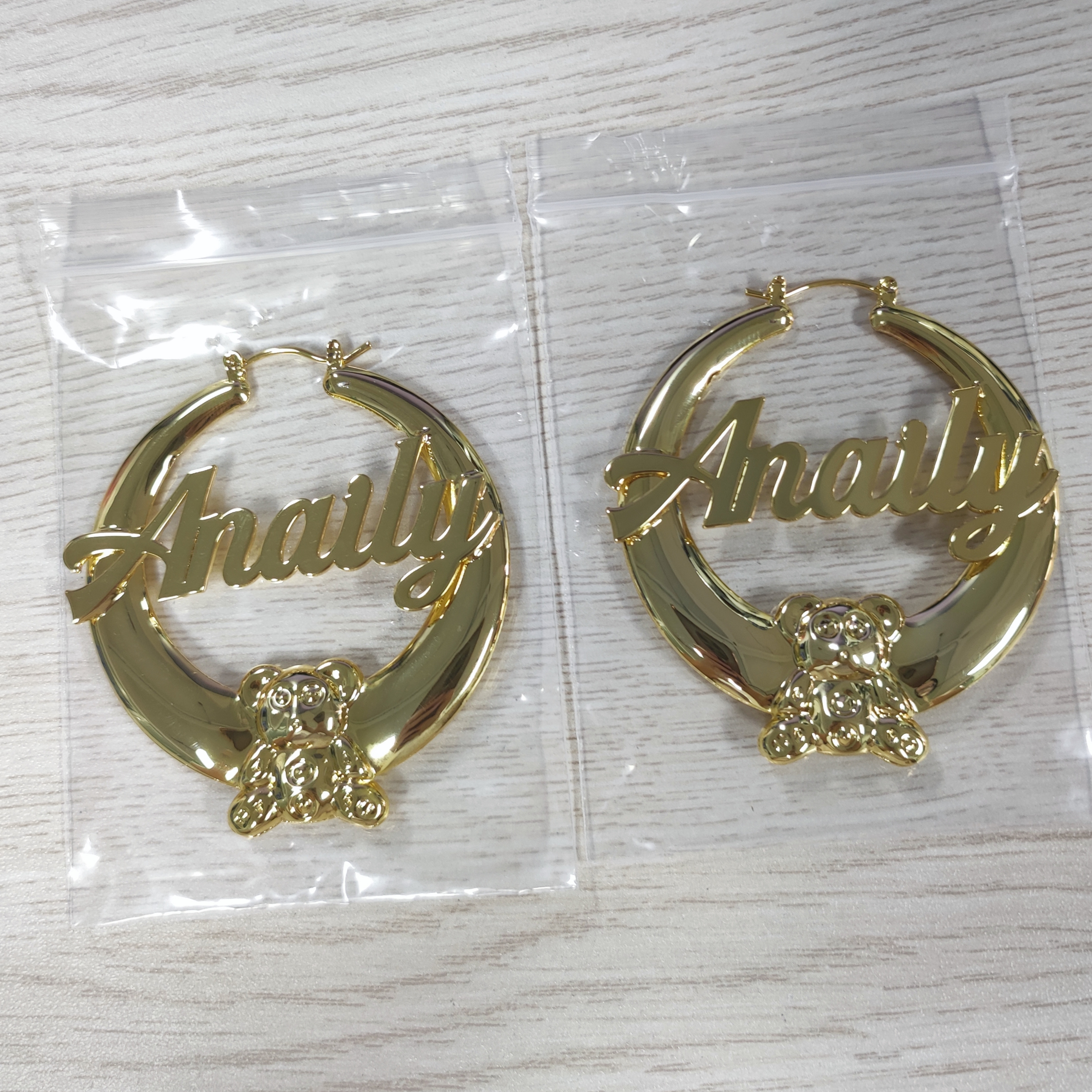 Teddy Bear Name Earrings Personalised Custom Gold Plated Name Hoop Earrings