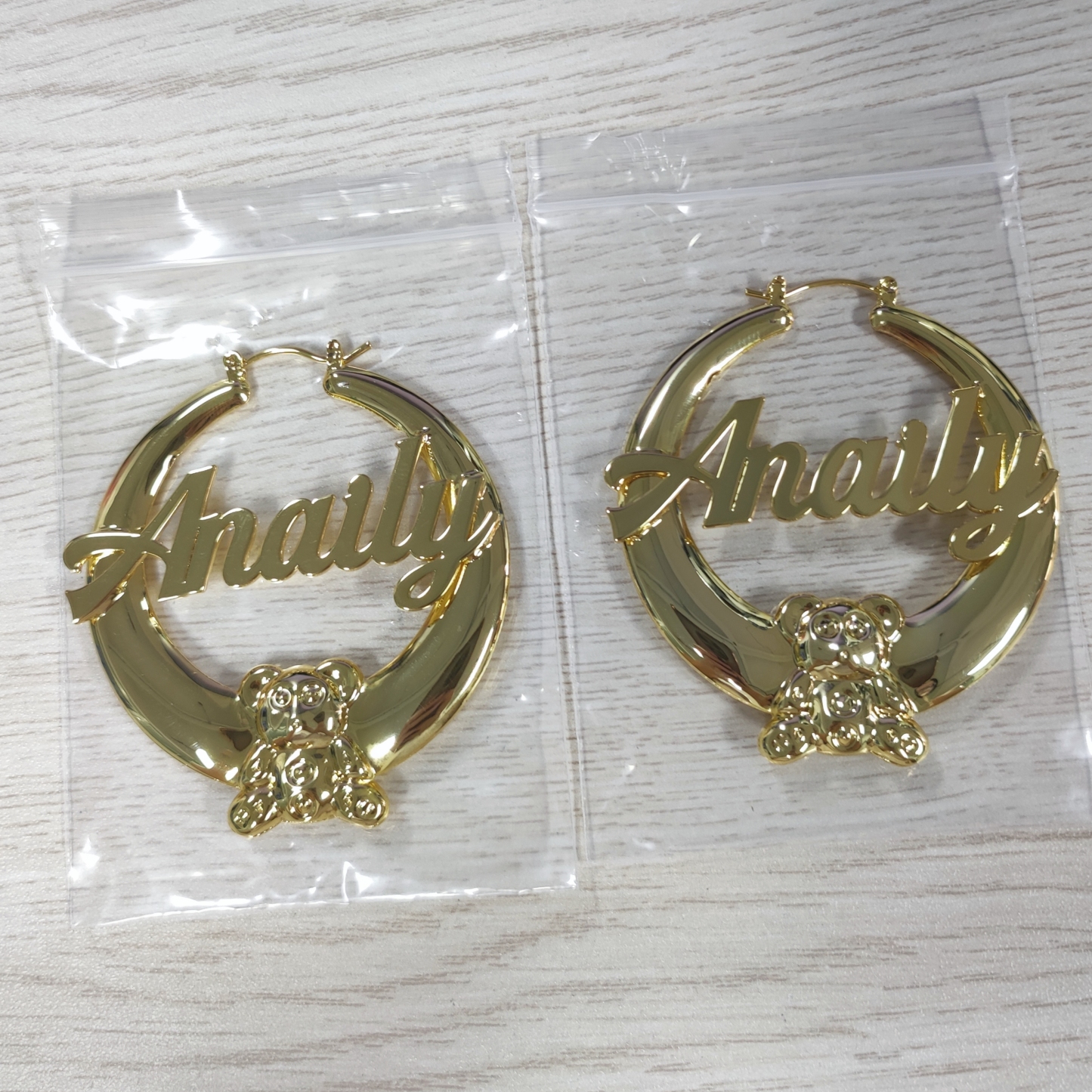 Teddy Bear Name Earrings Personalised Custom Gold Plated Name Hoop Earrings