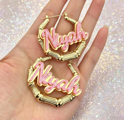 Personalized Pink Acrylic Name Jewelry Set Custom Name Necklace and Bamboo Name Earrings