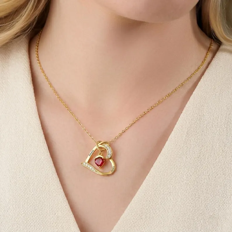 Custom Love Heart Pendant Necklace Engraved Name Necklace with Birthstone