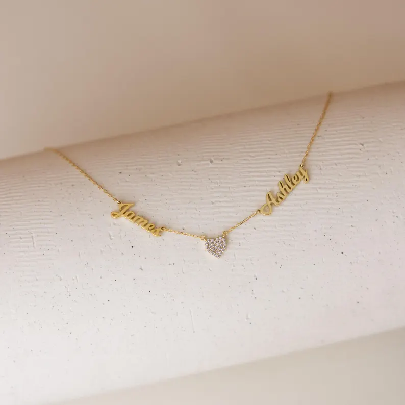Custom Couple Two Names Necklace Diamond Heart Name Necklace