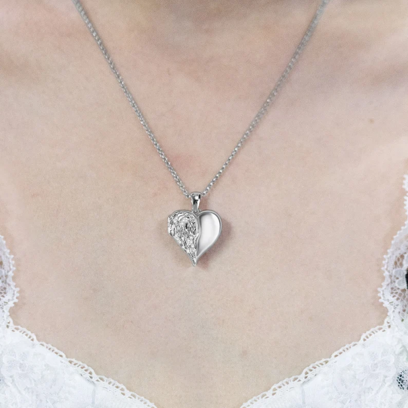 Personalized Diamonds Angel Wings Heart Locket Necklace Custom Photo Necklace