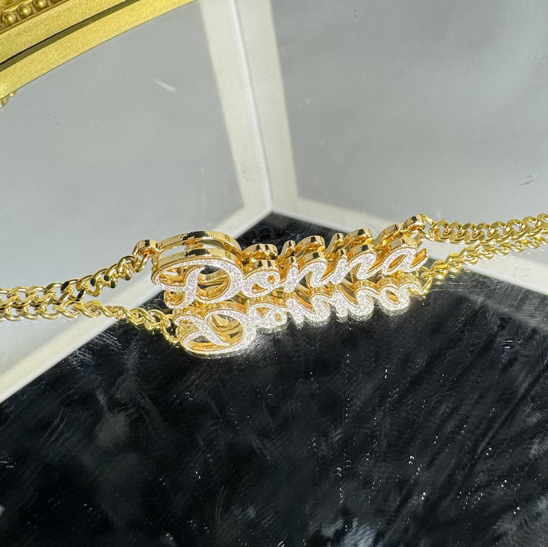 Personalized Bling Double Plate Necklace Shiny Name Necklace