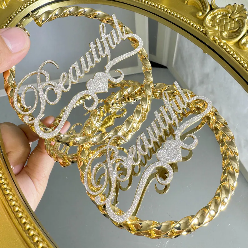Shiny Bling Name Earrings Love Heart Personalized Name Twist Hoop Earrings