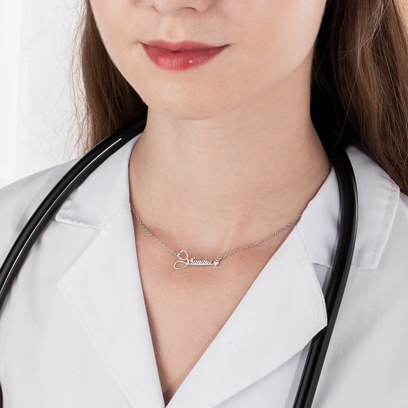 Personalized Custom Stethoscope Name Necklace with Heart