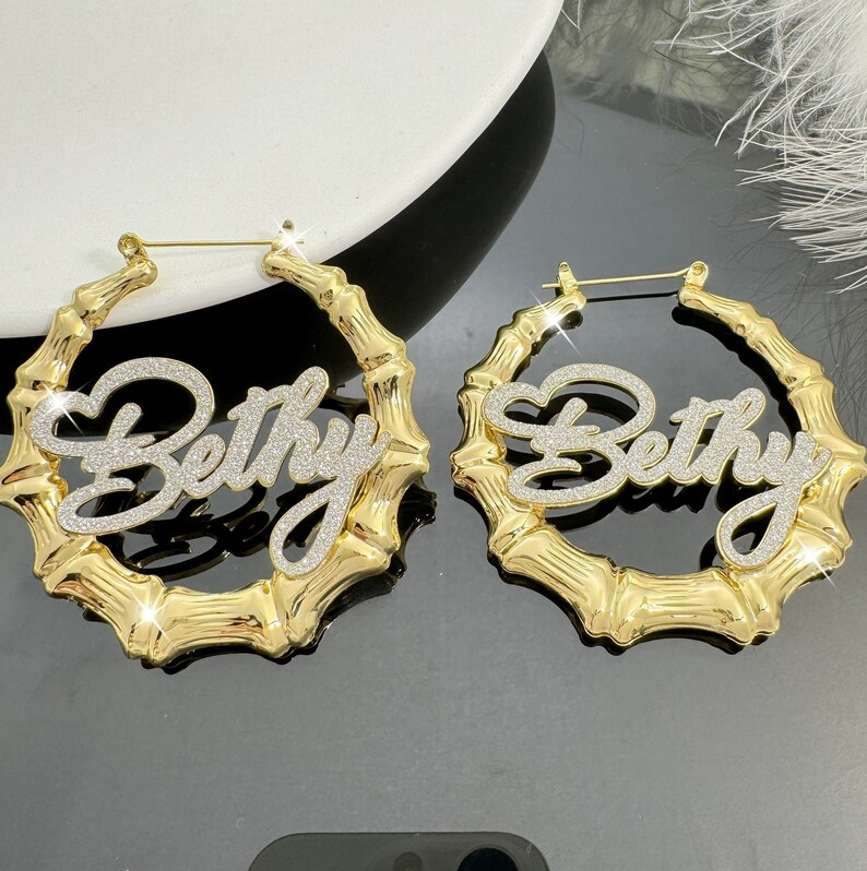 Bling Personalized Bamboo Earrings Gold Plated Hoop Name Earrings