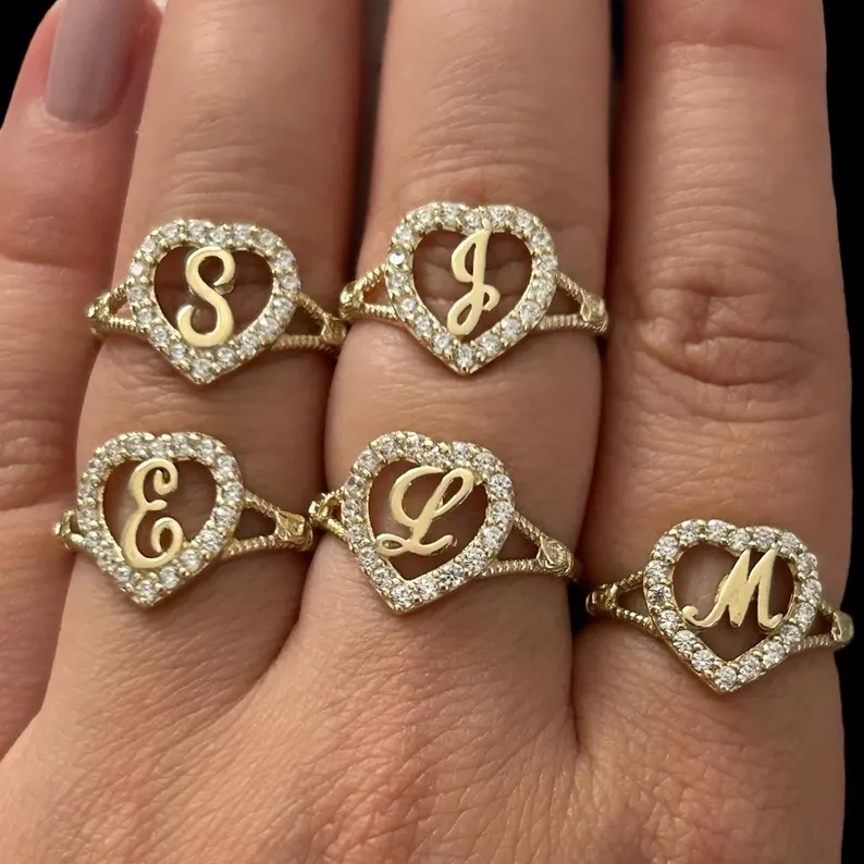 Personalized Heat Initial Ring Custom Zircon Cursive Initial Letter Ring
