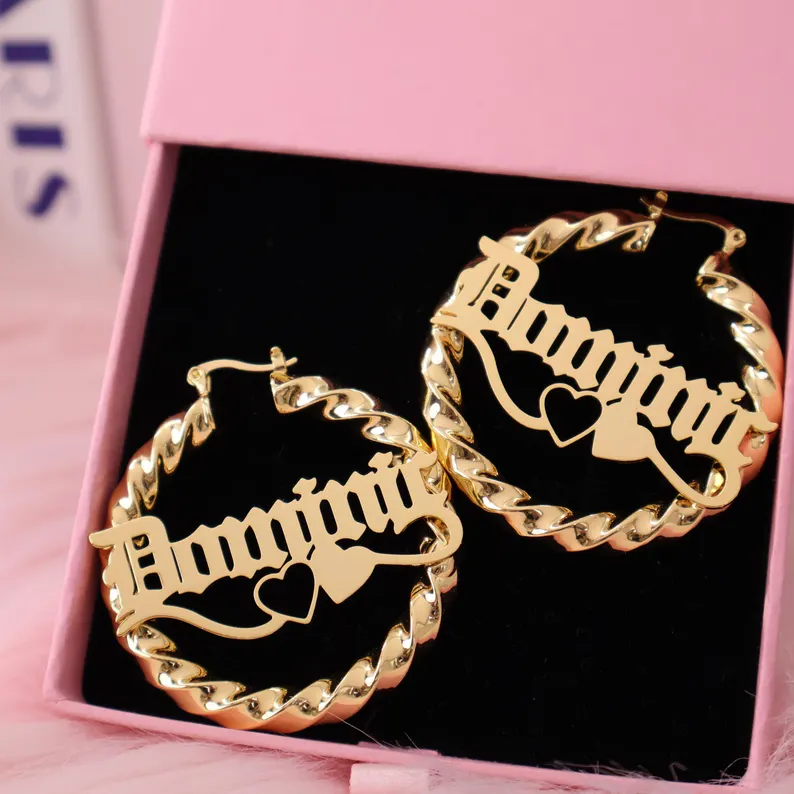 Personalized Two Hearts Name Earrings Custom Twist Hoop Name Earrings