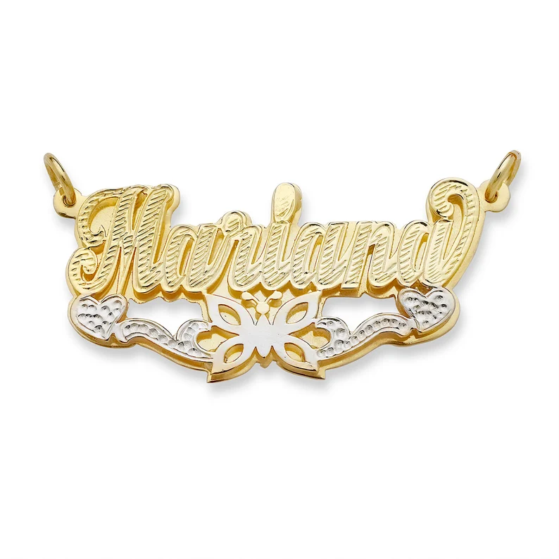 Butterfly Double Layer Nameplate Two Tone Personalized Name Necklace