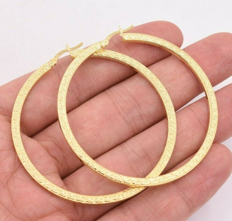 Gold Plated Hoop Earrings Flat Greek Key Motif Hoop Earrings