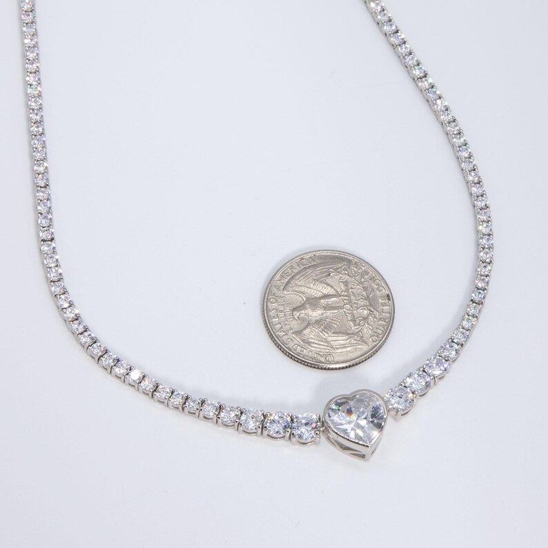 Round CZ Tennis Chain Heart Pendant Necklace