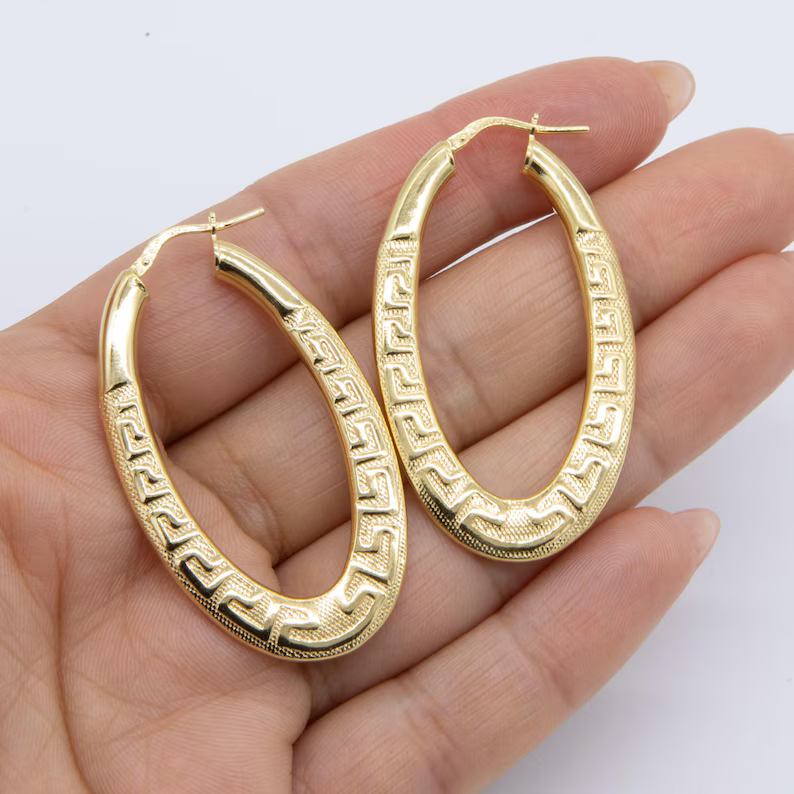 Gold Plated Oval Greek Key Hoop Earrings