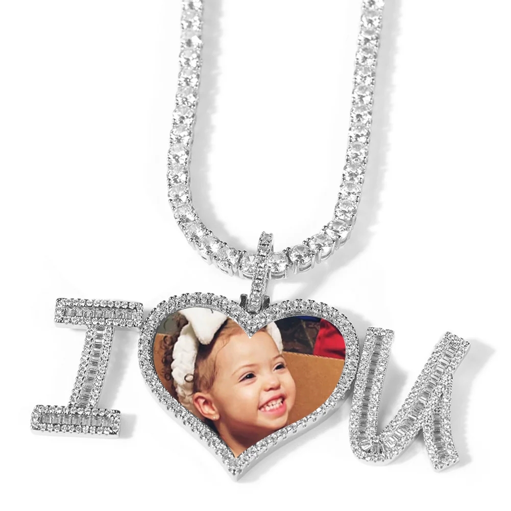Personalized I Love U Heart Pendant Photo Necklace With Tennis Chain