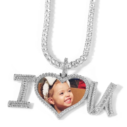 Personalized I Love U Heart Pendant Photo Necklace With Tennis Chain