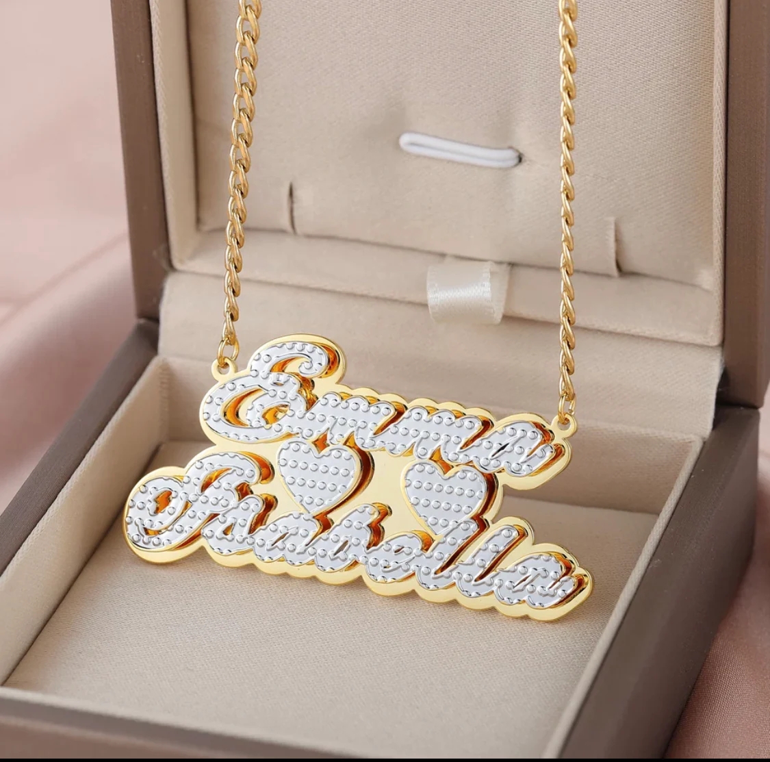 Personalized Custom Two Tone Double Name Necklace with Double Heart 
