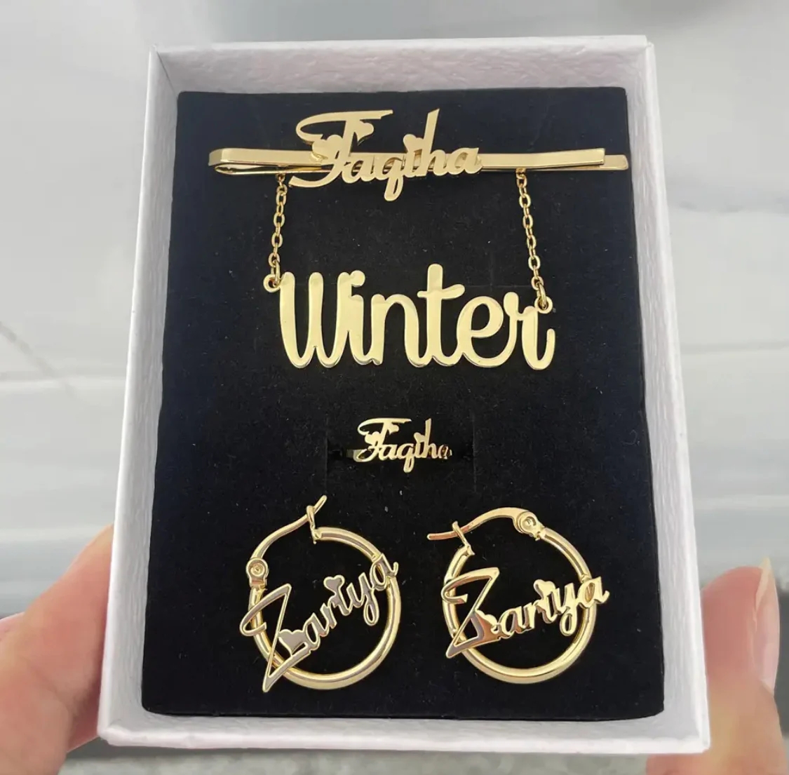 4 Pcs Jewelry Set Personalized Gold Plated Name Necklace Earrings Ring Hair Clip Pin