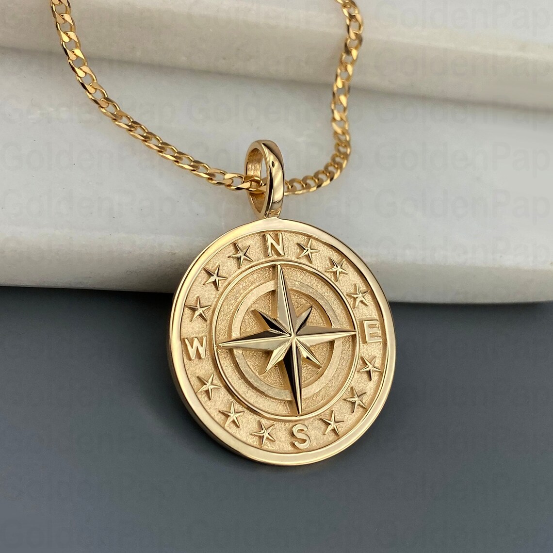 14K Gold Plated Compass Pendant Necklace For Men