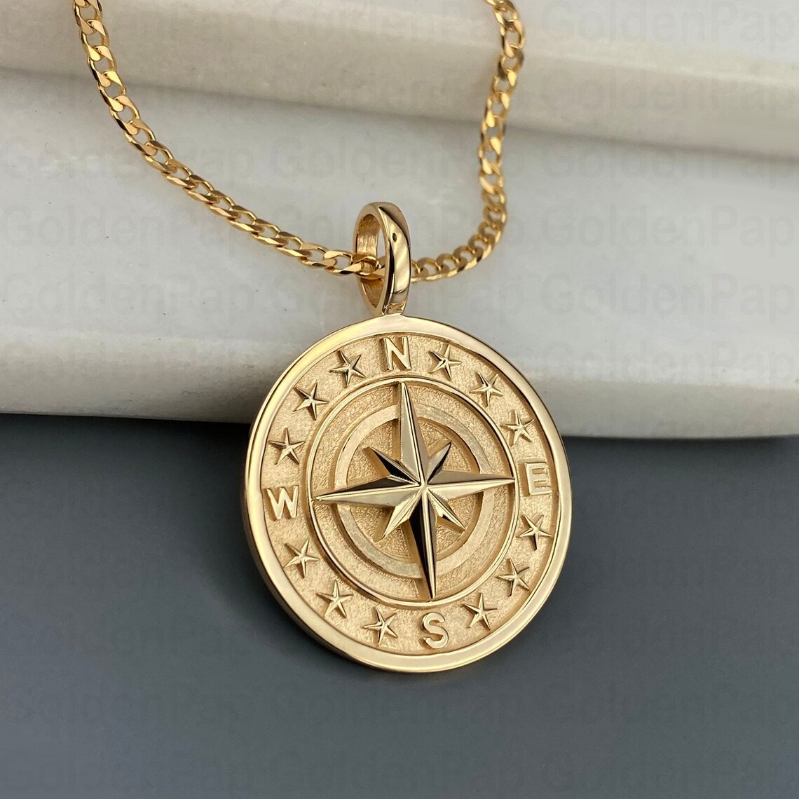 14K Gold Plated Compass Pendant Necklace For Men