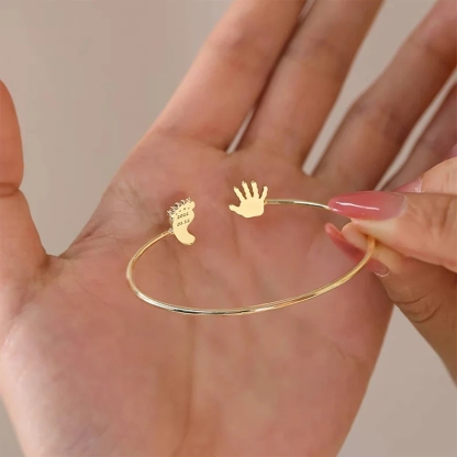 Baby Footprint and Handprint Personalized Engraved Name Bracelet with Birthstone