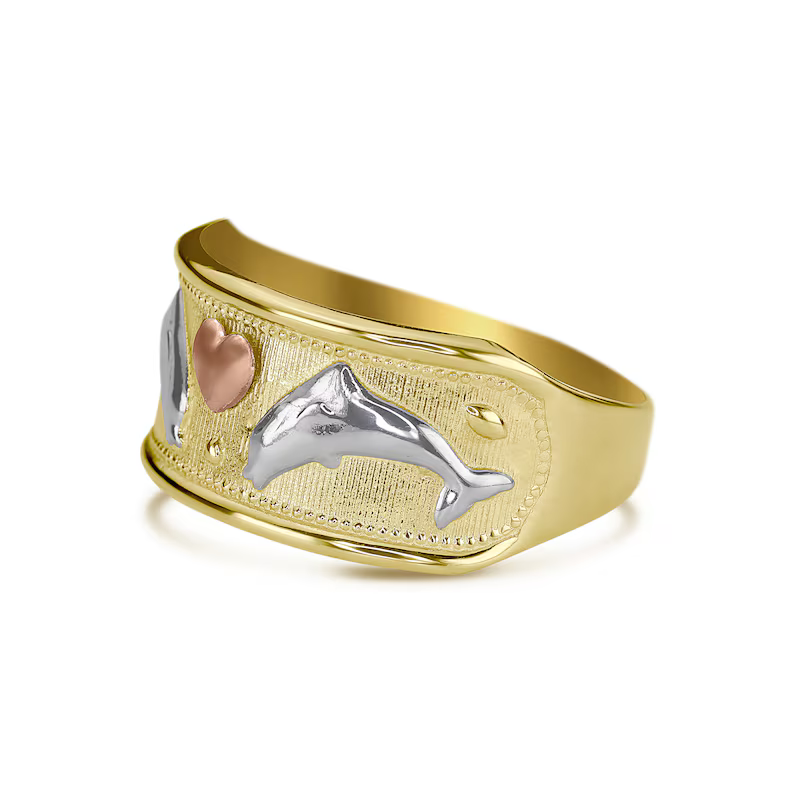 Gold Plated Luck Double Dolphin Ring Tricolor Band Ring