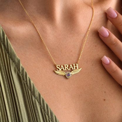 Angel Wing Nameplate Personalized Custom Name Necklace with Birthstone