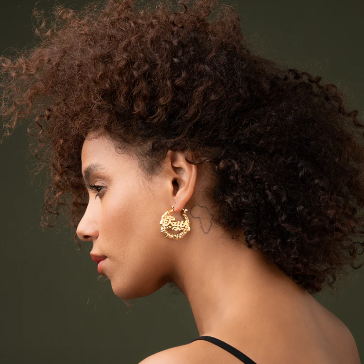 14k Gold Plated Diamond Cut Name Earrings Personalized Bamboo Earrings